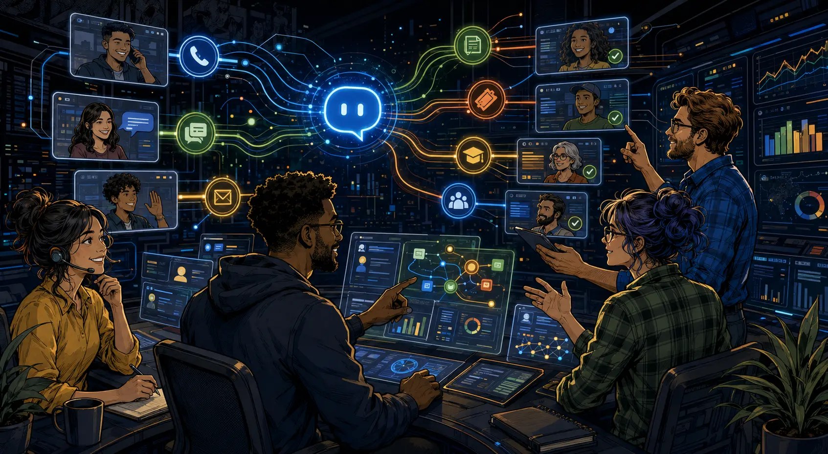 Comic-style customer operations team using practical AI assistance while keeping people in control