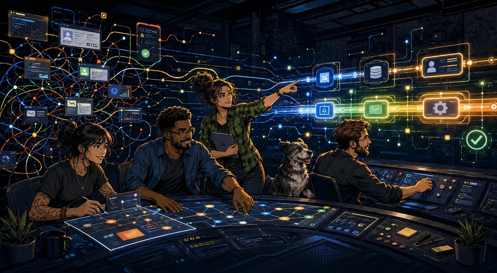 Comic-style technical team connecting tangled business systems into one clean automated flow