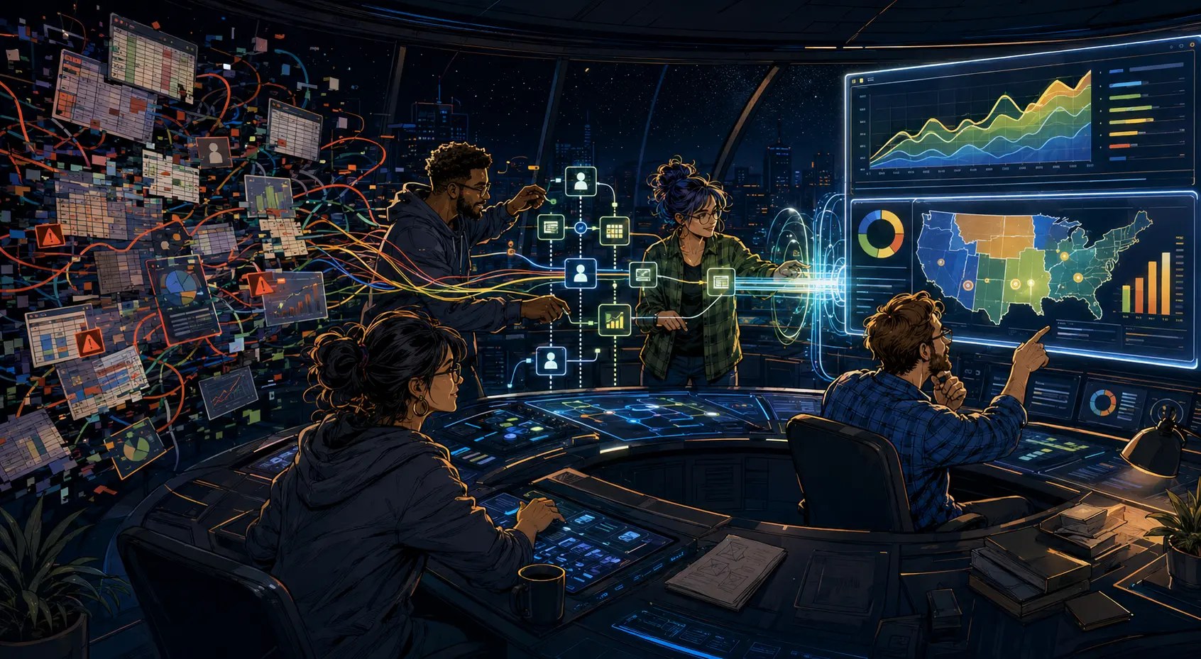 Comic-style analytics team turning conflicting spreadsheets into one clear revenue dashboard